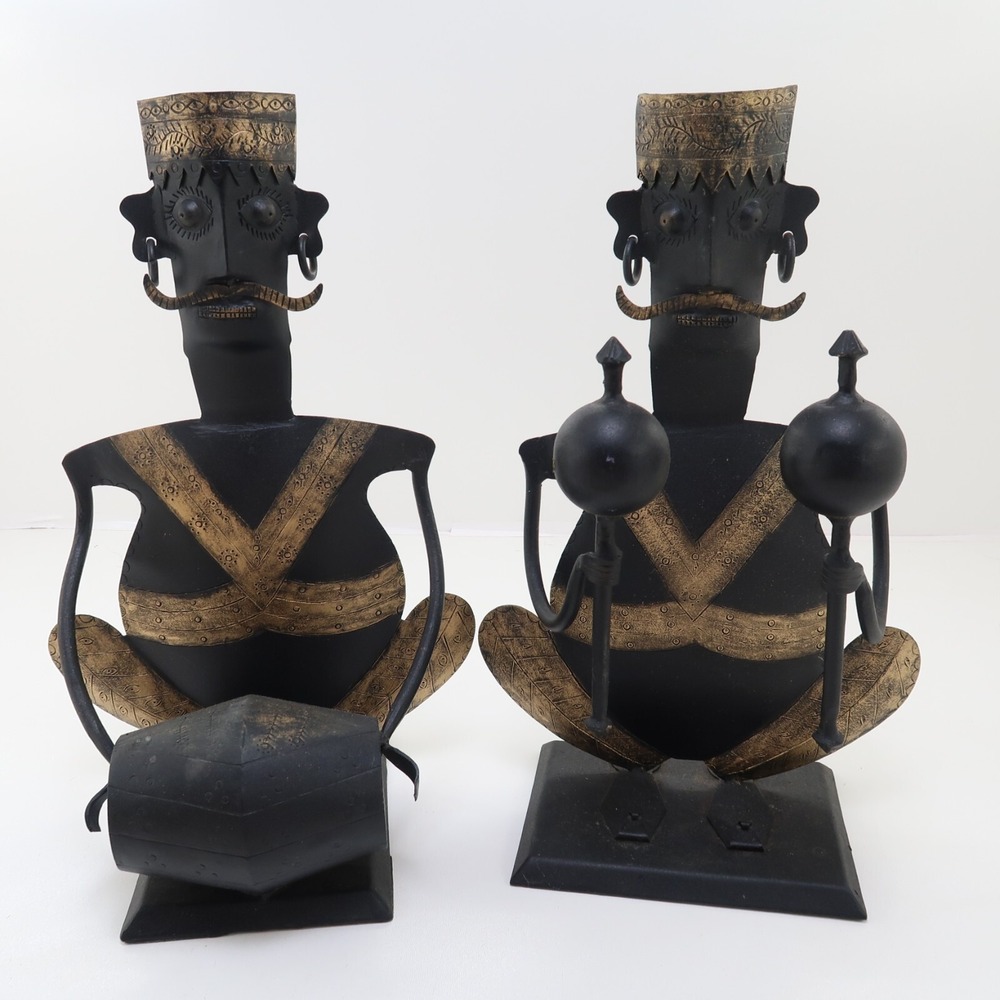 2‎ Tribal Metal Statue Musicians Music Ear Rings Moustache African 15" Tall Set